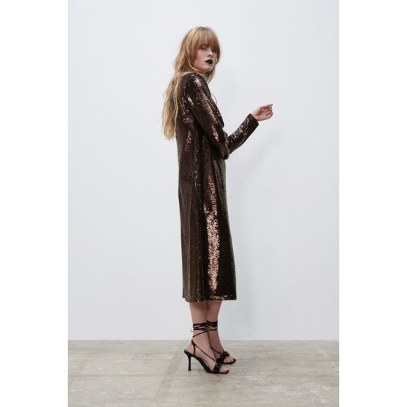 Brown Zara Sequin Cut Out Open Back Long Sleeve Knit Midi Dress (NWT) - Picture 3 of 12